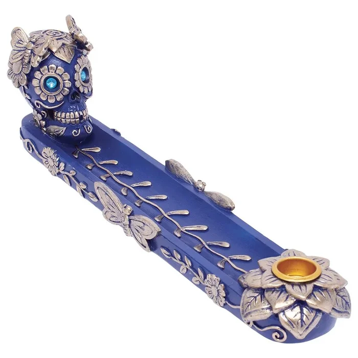 Fujima – 11&Prime; Golden Blue Skull & Butterfly Stick & Cone Polyresin Incense Burner