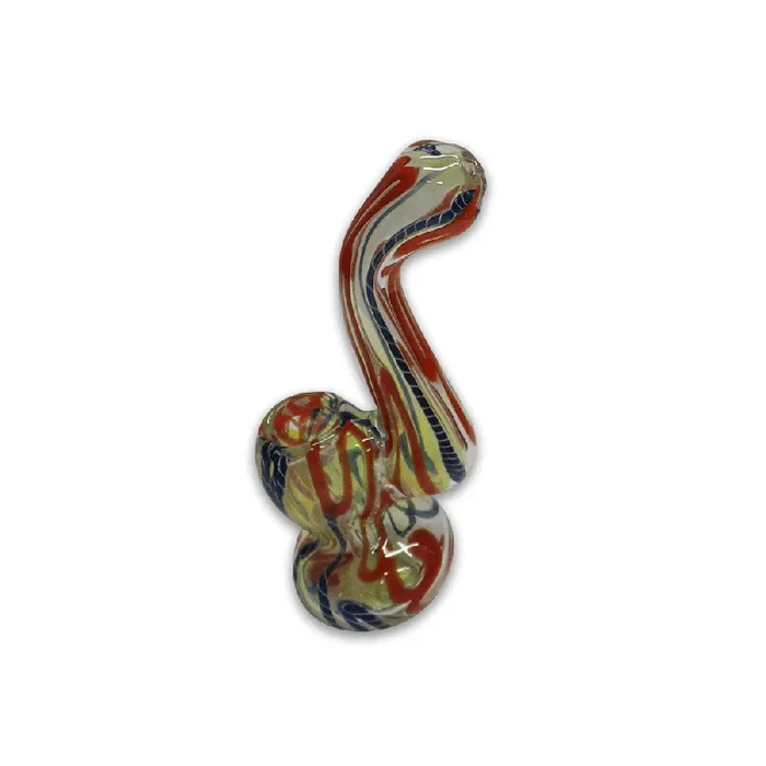 GLASS BUBBLER – 12CM CLEAR WITH BLUE AND ORANGE STRIPES