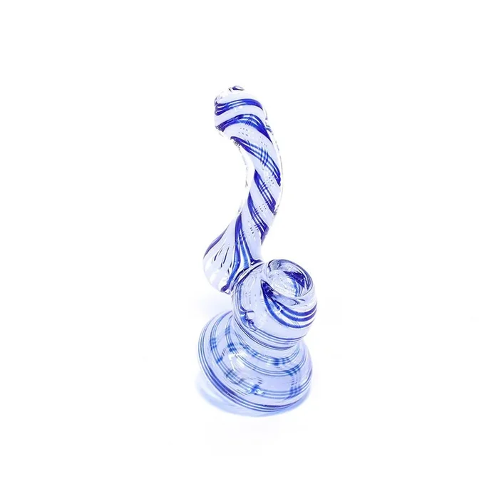 GLASS BUBBLER – 12CM CLEAR WITH BLUE AND WHITE SPIRAL STRIPES