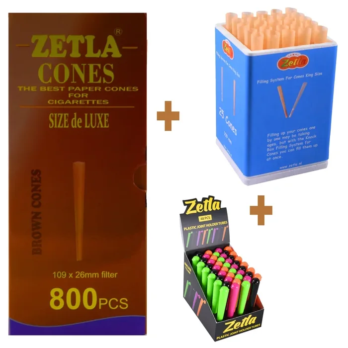 Pre Rolled Cones Zetla Brown King Size Deluxe (800 Pcs) + Joint Tubes Zetla (48 Pcs) + Knock Box 25