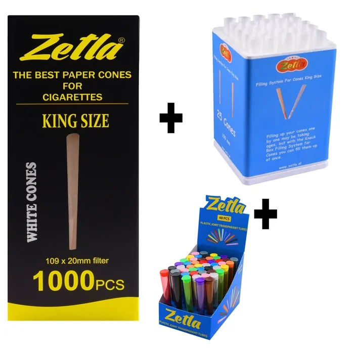 Pre Rolled Cones Zetla King Size (1000 Pcs) + Zetla Joint Tubes Transparent + Knock Box 25
